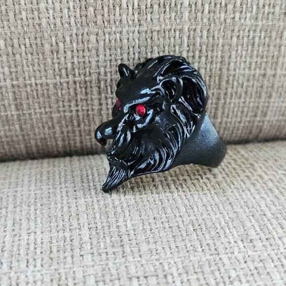 Lion Face Ring Black Tone Metal Fashion Jewelry Red Eyes Unisex Ring Size 9 - Picture 12 of 12